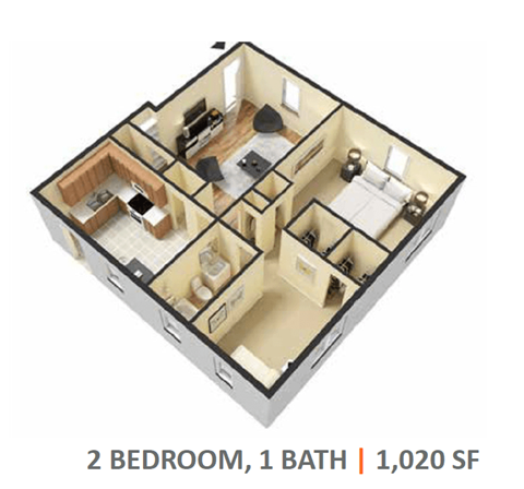Floor plan for 2 beds, 1 bath, 1020 sqft